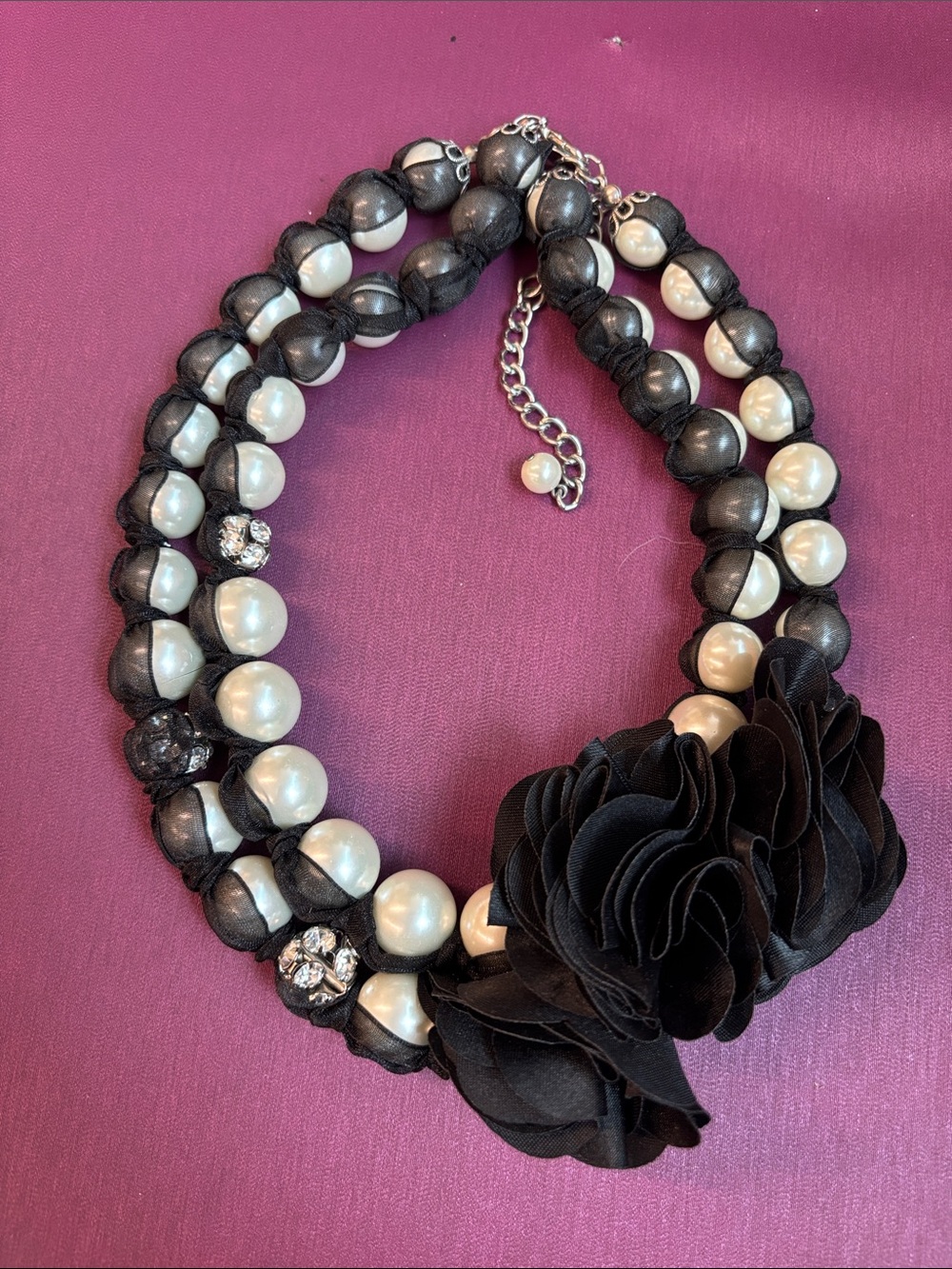 White House Black Market Black and White Floral Pearl Statement Necklace